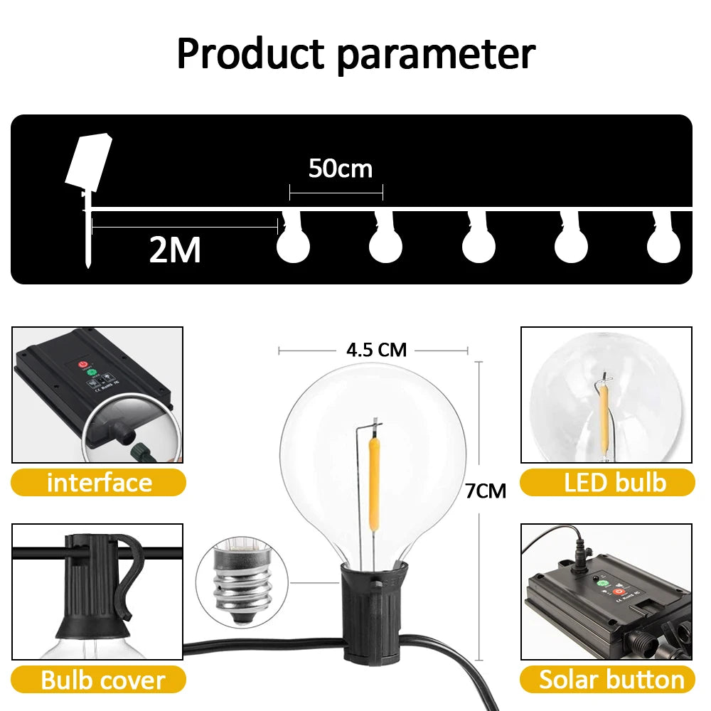 12M 30 LEDS G40 guirlandes solaires lumières de Patio extérieur solaire et alimenté par USB étanche Globe suspendus lumières avec incassable