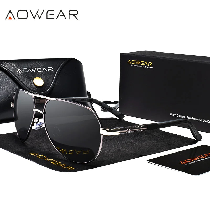 AOWEAR Aviation luxe lunettes de soleil hommes polarisées surdimensionné conduite miroir lunettes mâle marque concepteur rétro lunettes avec étui
