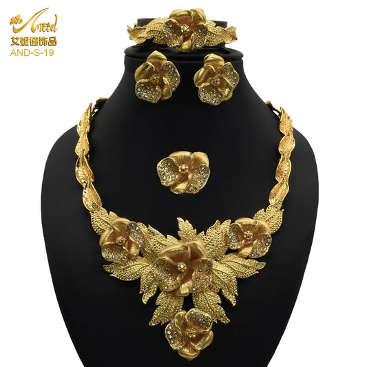 ANIID-Ensembles de bijoux africains pour femmes, boucles d'oreilles fleur, collier ras du cou, bracelet, hawaïen, indien, Dubaï, bijoux dorés, accessoires
