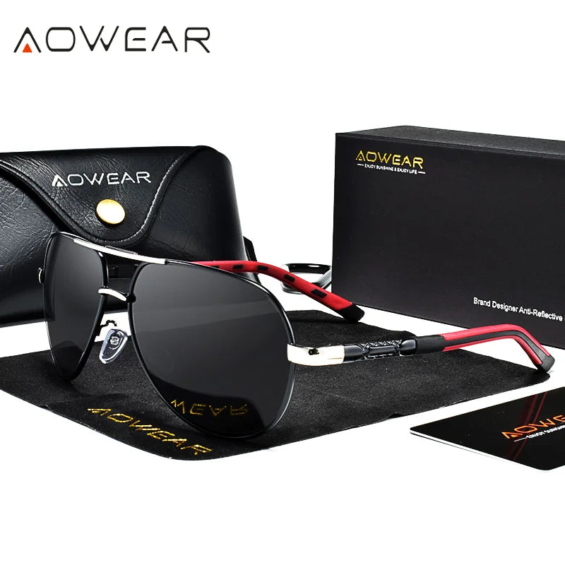 AOWEAR Aviation luxe lunettes de soleil hommes polarisées surdimensionné conduite miroir lunettes mâle marque concepteur rétro lunettes avec étui