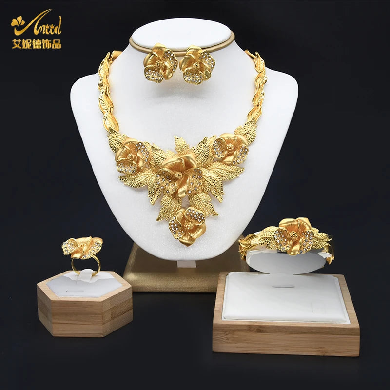 ANIID-Ensembles de bijoux africains pour femmes, boucles d'oreilles fleur, collier ras du cou, bracelet, hawaïen, indien, Dubaï, bijoux dorés, accessoires