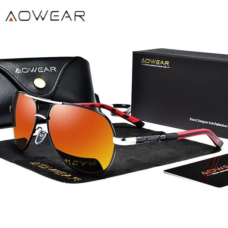 AOWEAR Aviation luxe lunettes de soleil hommes polarisées surdimensionné conduite miroir lunettes mâle marque concepteur rétro lunettes avec étui