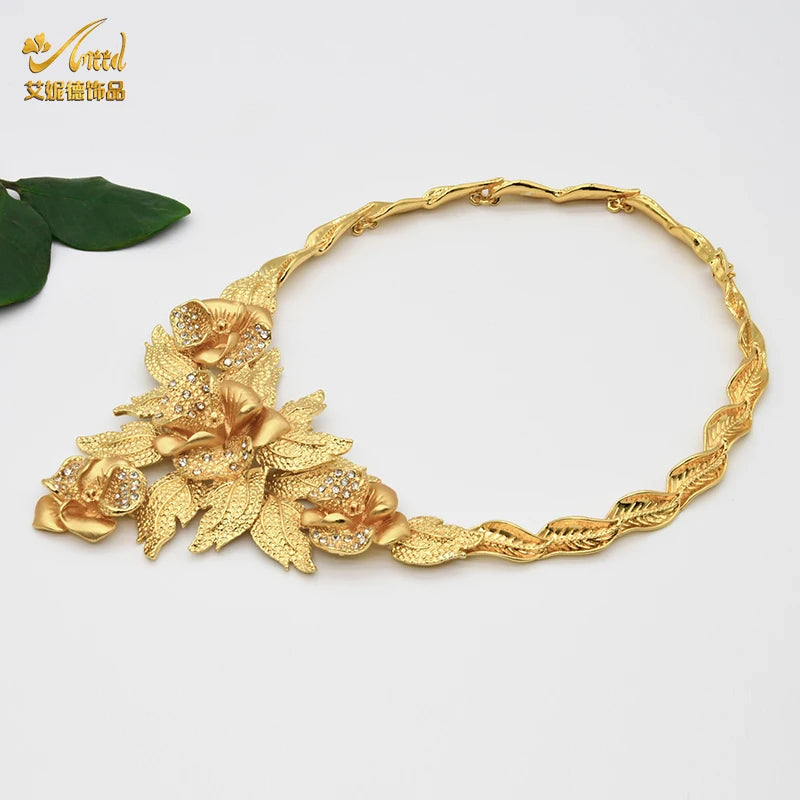 ANIID-Ensembles de bijoux africains pour femmes, boucles d'oreilles fleur, collier ras du cou, bracelet, hawaïen, indien, Dubaï, bijoux dorés, accessoires