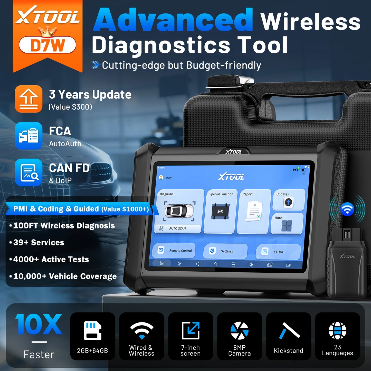 XTOOL D7W D7 BT Outil de diagnostic Bluetooth pour tous les systèmes de voiture, scanner automobile, codage ECU bidirectionnel, 39 réinitialisations CANFD DOIP FCA, livraison rapide depuis un entrepôt européen