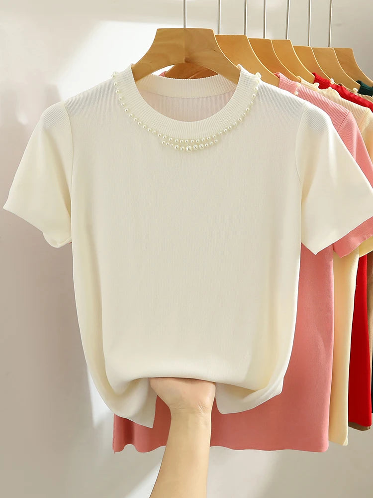 Corée tricoté T-shirt femmes haut solide réservoir Y2K été nouvelle mode femme sans manches perles décontracté mince hauts 2025