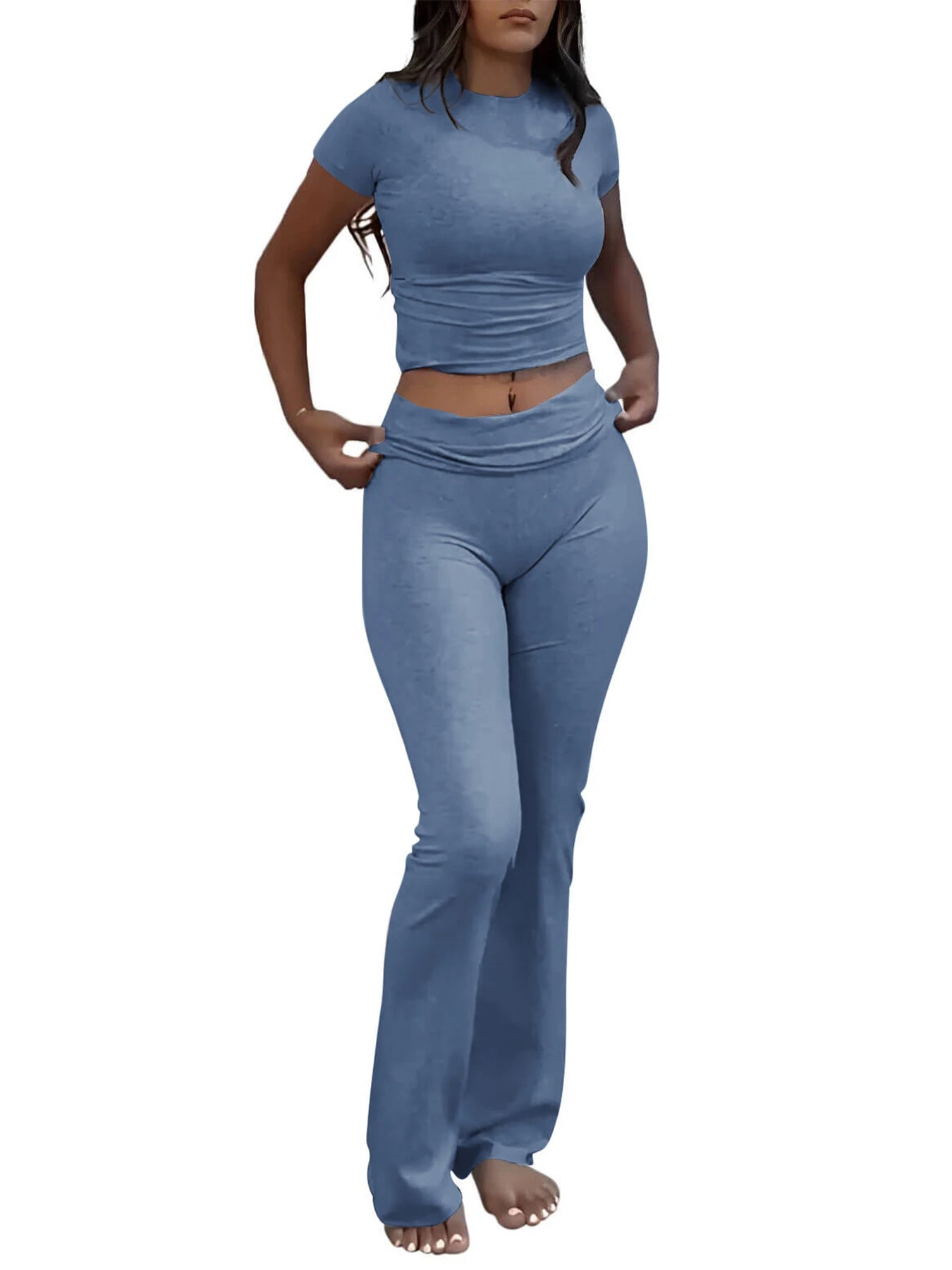 Tenue d'entraînement deux pièces décontractée pour femmes, manches courtes, taille haute, pantalon évasé pliable, ensembles de survêtement, Streetwear
