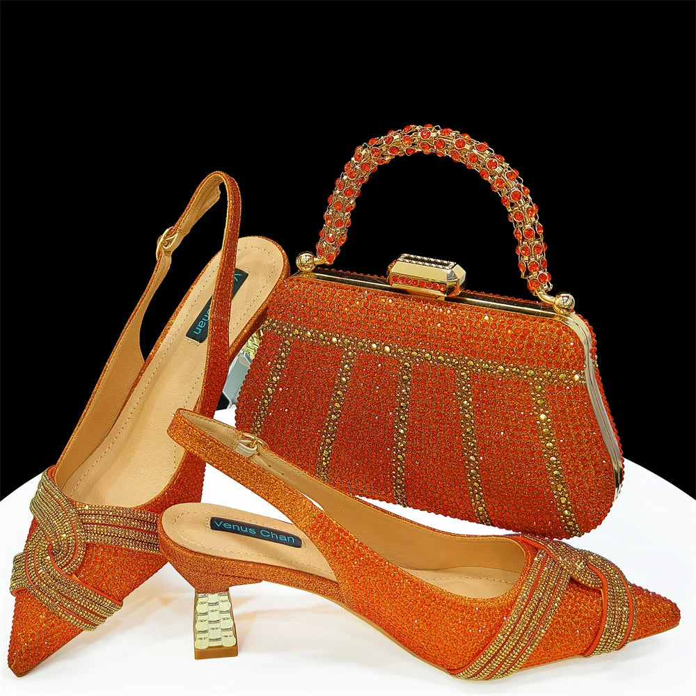 Venus Chan 2024 Design spécial haute qualité couleur Orange femmes africaines chaussures et sac ensemble avec cristal brillant pour la fête de mariage