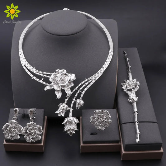 Ensembles de bijoux à la mode pour femmes, boucles d'oreilles, bague, Bracelet, collier, couleur argent, pendentif fleur classique, accessoires pour robe de mariée