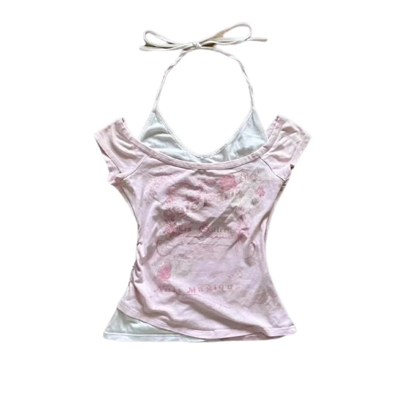 Y2k-T-shirt à Manches Courtes pour Femme, Vêtement Vintage Doux et Sexy, Col Licou, Slim, Décontracté, Populaire, Chic
