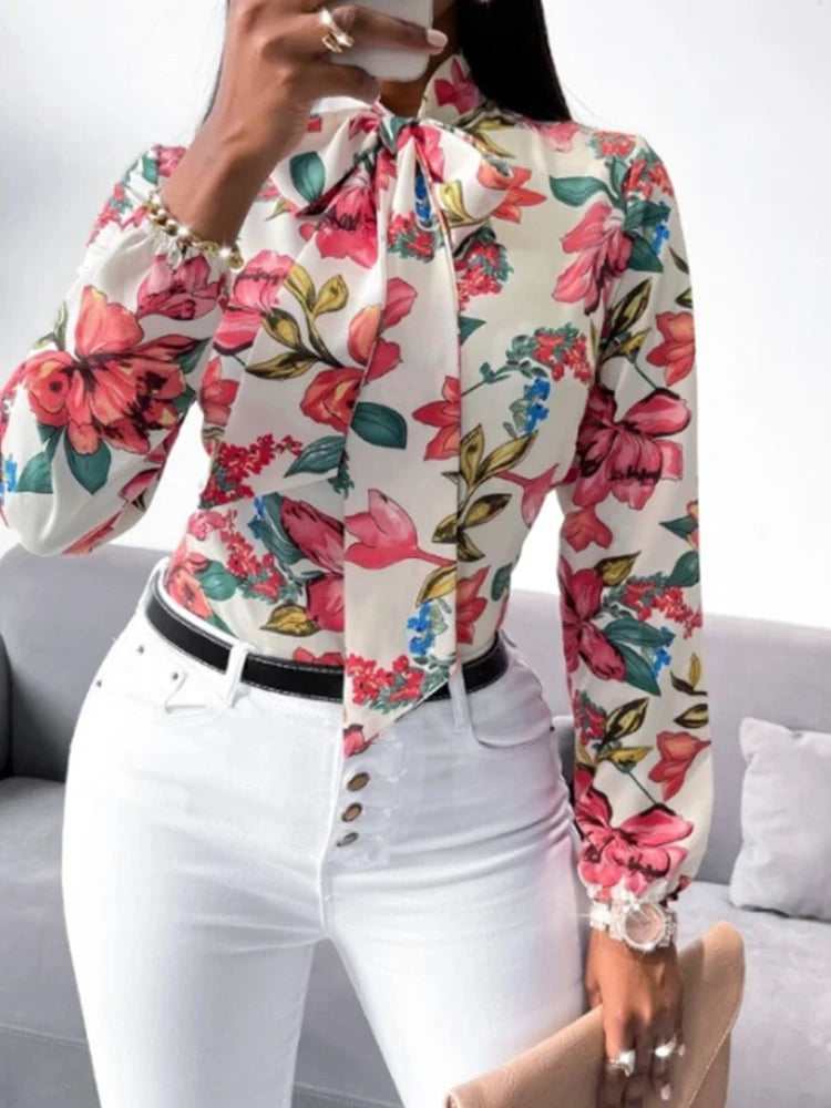 Vêtements de travail à imprimé floral pour femmes, chemise à nœud, habillage de bureau, vêtements d'affaires décontractés, mode