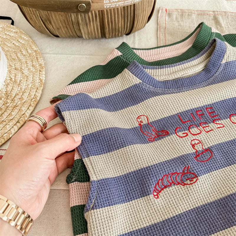 deer jonmi 2024 Summer Korean Style Unisex Kids Striped Outfits Embroidery Loose Tops Shorts 2pcs Toddlers Kids Clothing Sets