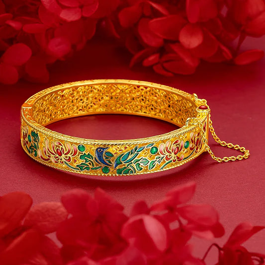AU999 or méthode ancienne creux 24K bracelet en or véritable femmes léger luxe émail bleu palais style filigrane bracelet