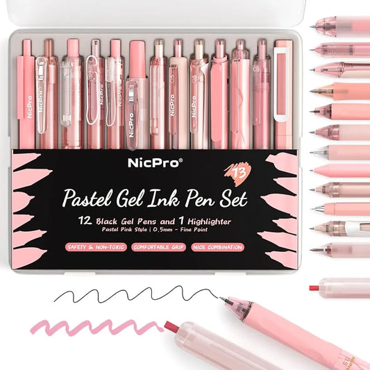 Ensemble de stylos à encre Gel Pastel, avec étui, joli stylo rétractable à pointe Fine de 0.5mm, 12 stylos roses, encre noire avec 1 surligneur esthétique, 13 paquets
