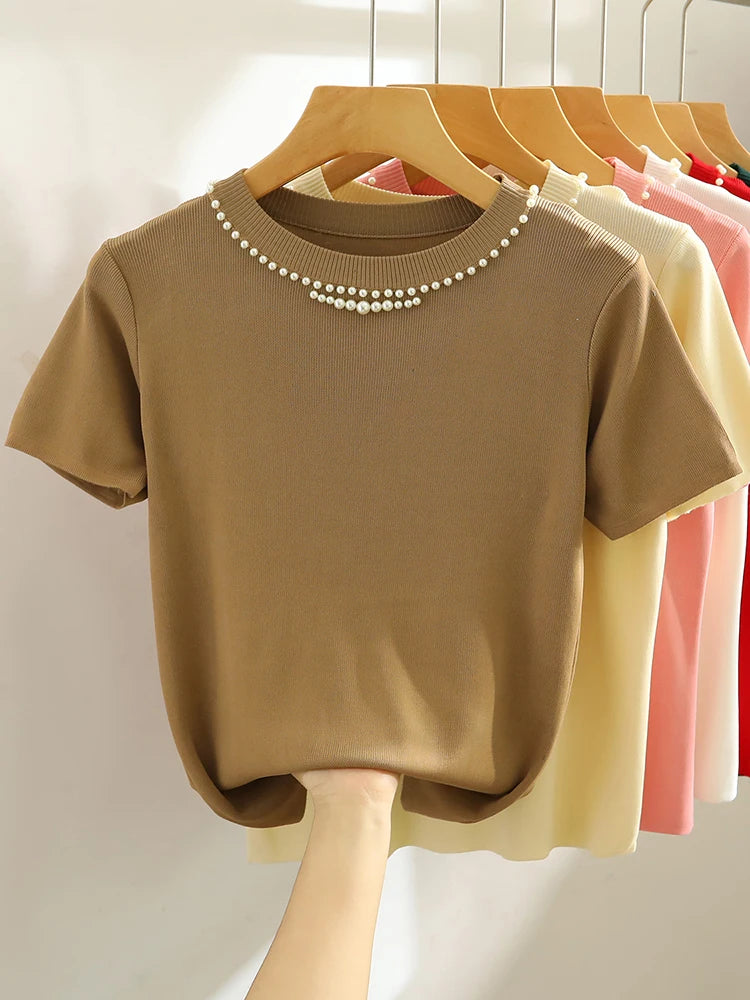 Corée tricoté T-shirt femmes haut solide réservoir Y2K été nouvelle mode femme sans manches perles décontracté mince hauts 2025