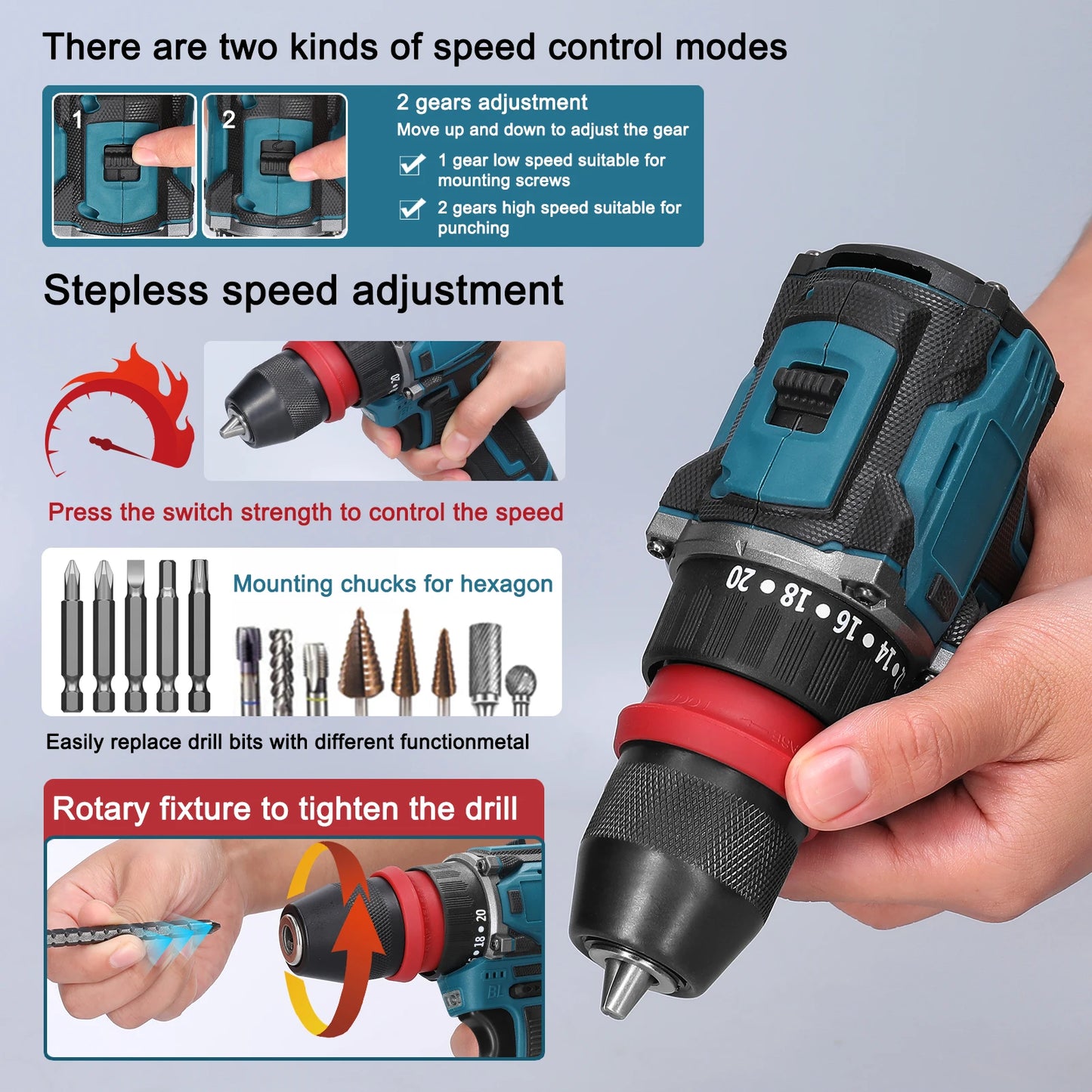 Tournevis électrique sans fil 2 en 1, perceuse, moteur sans balais, couple 45/55Nm, régulation de vitesse en continu, perceuse à pilote au Lithium portable