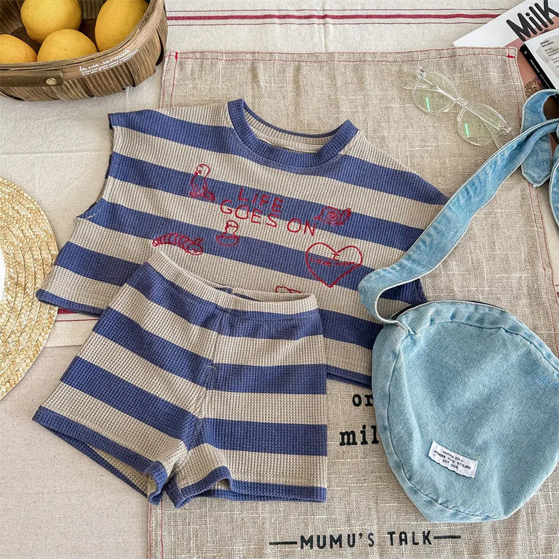 deer jonmi 2024 Summer Korean Style Unisex Kids Striped Outfits Embroidery Loose Tops Shorts 2pcs Toddlers Kids Clothing Sets