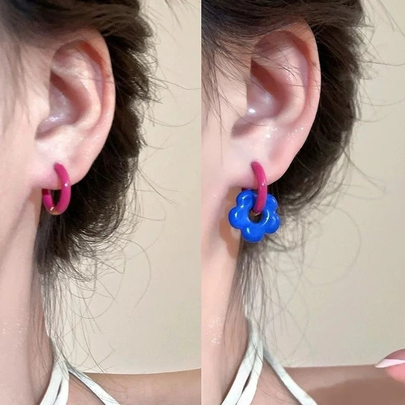 Boucles d'oreilles asymétriques colorées à fleurs pour femmes et filles, créoles réglables en émail faites à la main, bijoux de vacances, cadeaux mignons