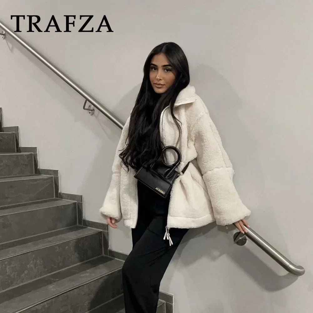 TRAFZA 2024 automne hiver décontracté femmes vestes mode Streetwear épais surdimensionné solide fermeture éclair O cou Teddy polaire dames manteaux