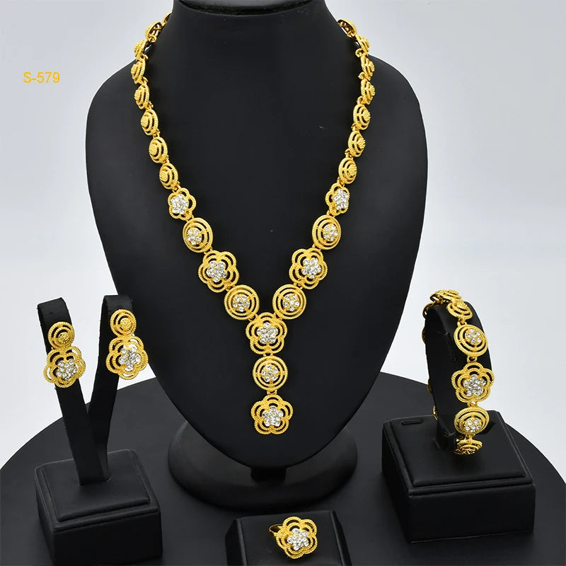ANIID-Ensembles de bijoux africains pour femmes, boucles d'oreilles fleur, collier ras du cou, bracelet, hawaïen, indien, Dubaï, bijoux dorés, accessoires