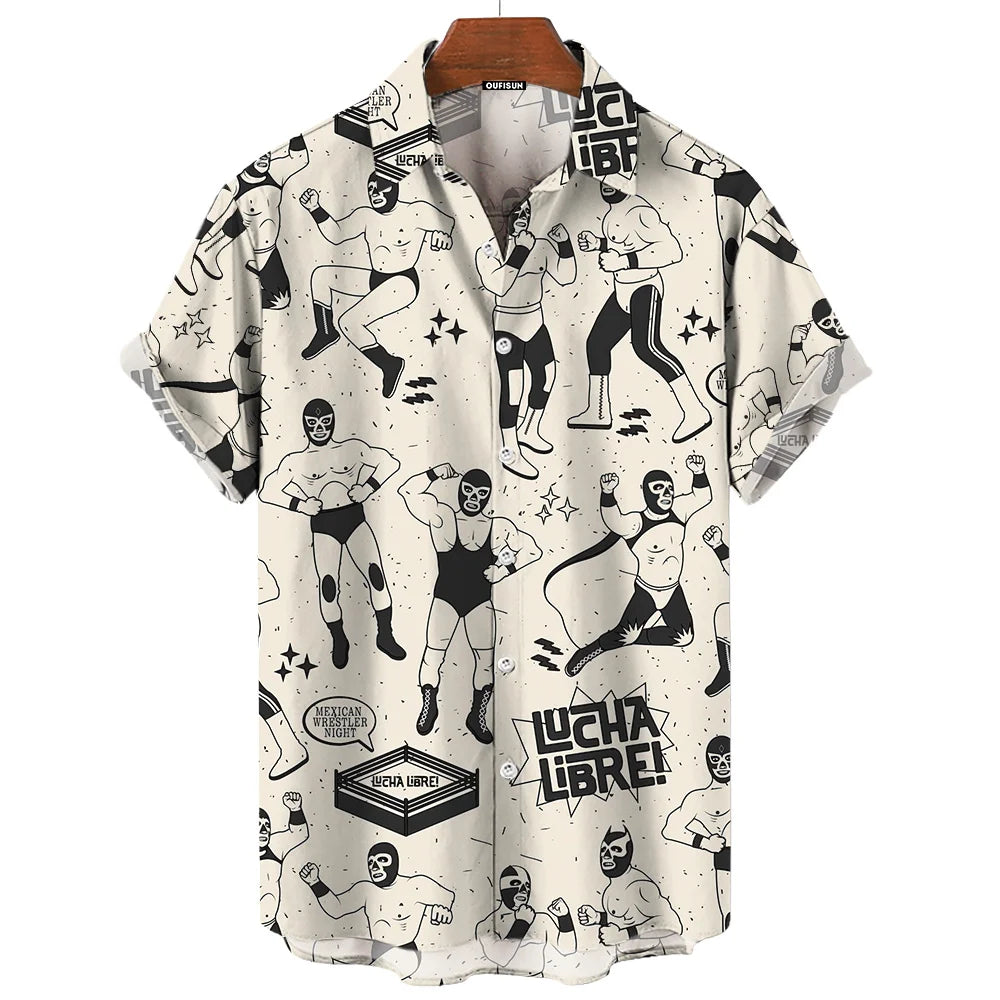 Chemise Vintage pour hommes, imprimé lutte mexicaine en 3d, vêtements pour hommes de haute qualité, ample et surdimensionné, mode décontractée, manches courtes