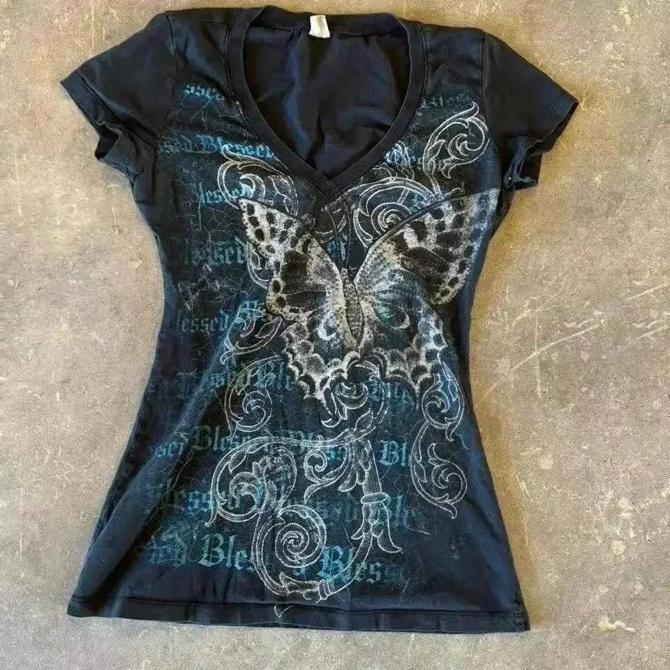 Vintage vêtements femmes imprimer Sexy Punk Streetwear mince Femme t-shirts chemise gothique décontracté Grunge t-shirts 2000s Emo Y2k haut court