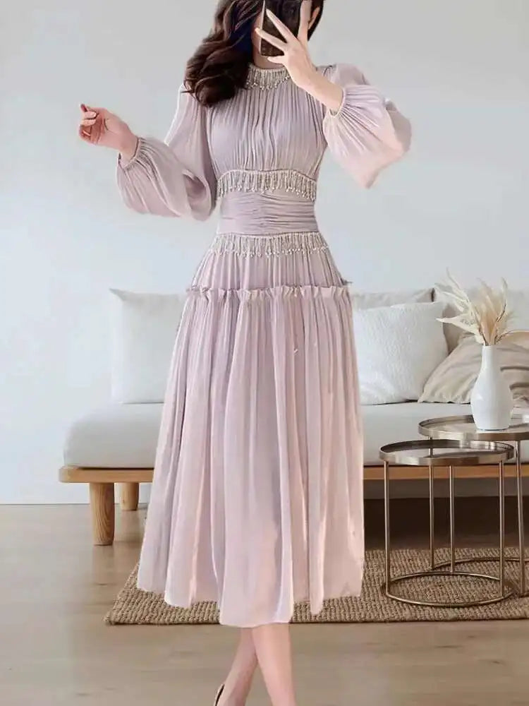 UCXQ Elegant Long Dress French Style Tassels Diamonds Fold Waist Ruffled Edges Evening Dresses Women 2025 Spring Autumn 3WQ8194