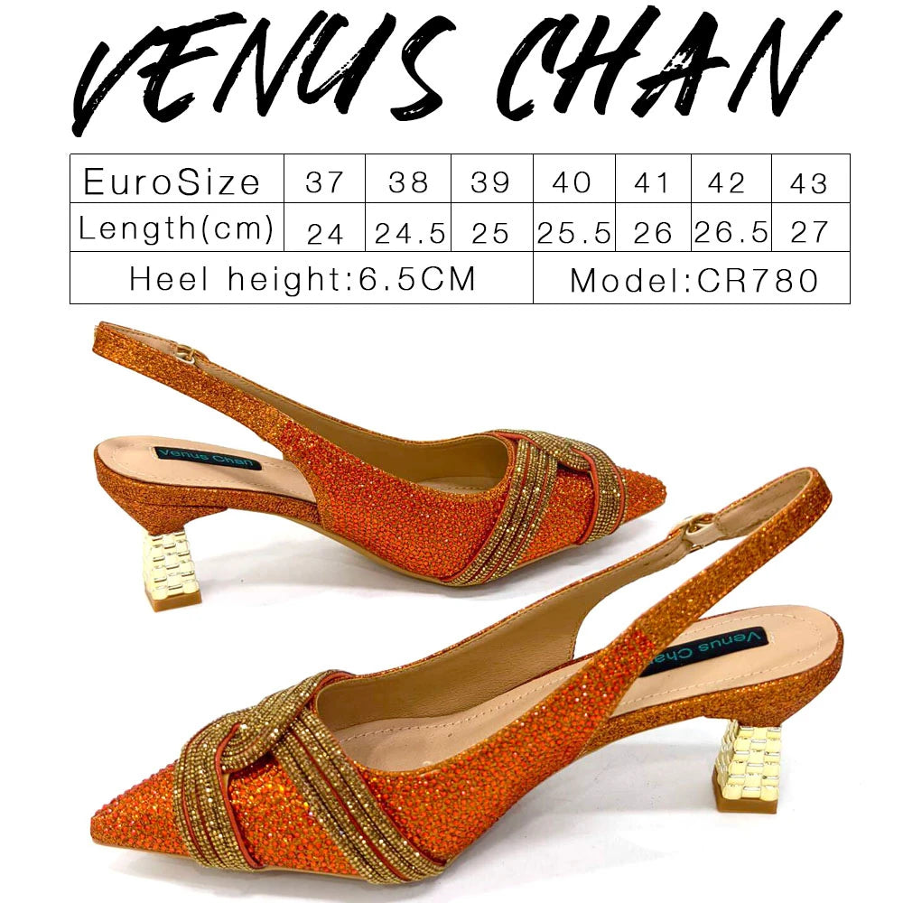 Venus Chan 2024 Design spécial haute qualité couleur Orange femmes africaines chaussures et sac ensemble avec cristal brillant pour la fête de mariage