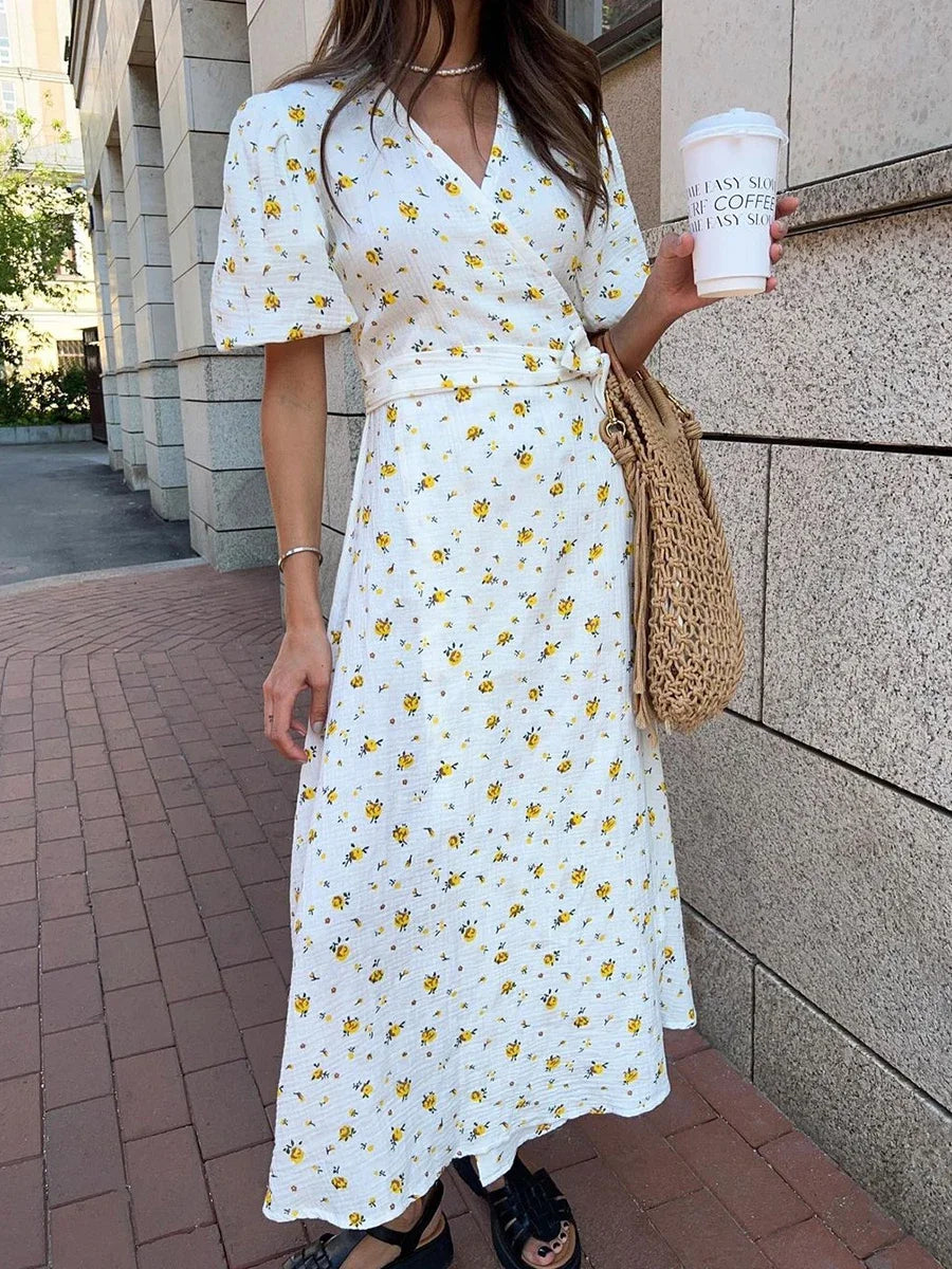 Bornladie Women Psrinted Lace Up Dress Summer Short Sleeve Fashion Office Lady Long Dress 100% Cotton Daily Casual V-neck Skirt