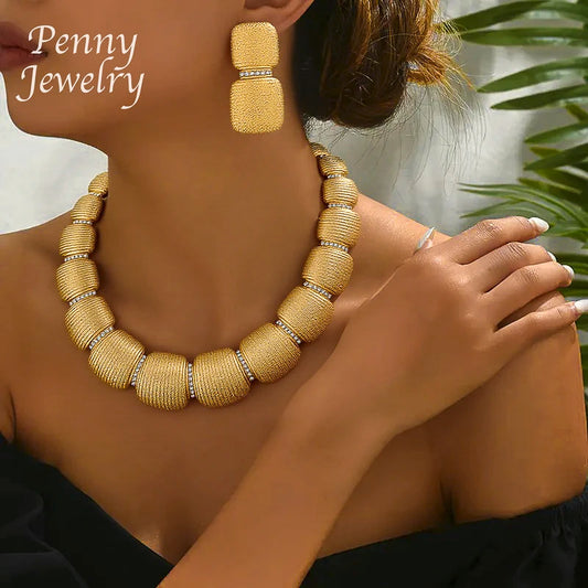 Ensemble de bijoux ronds italiens épais plaqués or de dubaï, collier ras du cou, boucles d'oreilles pendantes, Bracelet, bague, cadeau de fête de mariage de mariée africaine