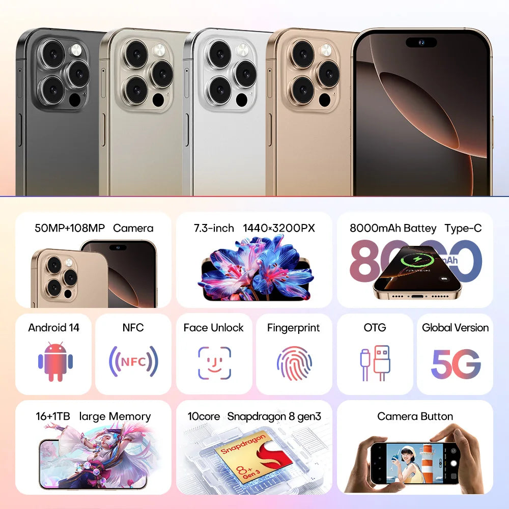 2025 nouveau smartphone i16promax phare 6.5 pouces 16 + 1 to 5g clé d'appareil photo empreinte digitale casque Bluetooth peut être acheté séparément