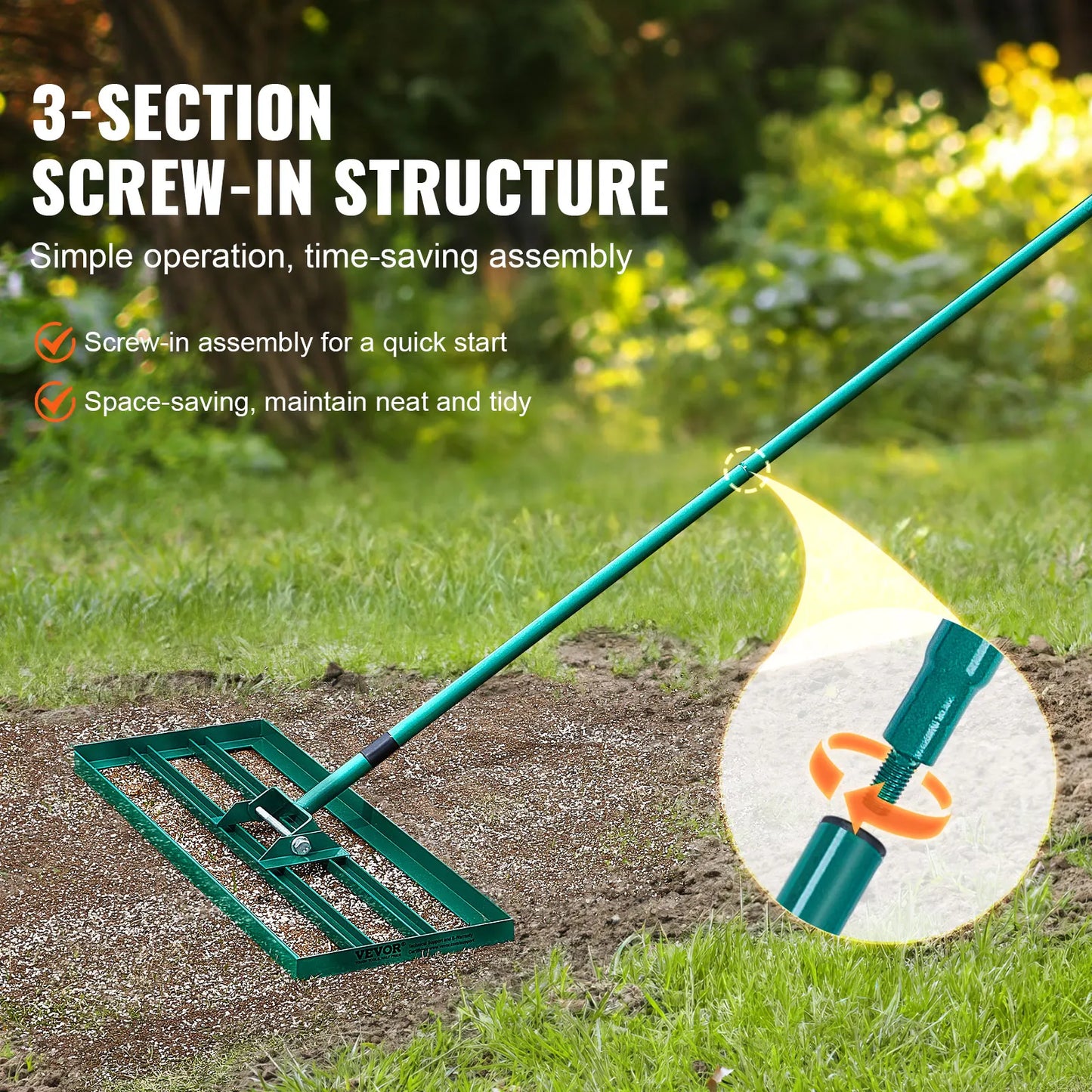 VEVOR Râteau de Nivellement de Pelouse 914x254 mm Raclette à Gazon Manche en Acier 1981 mm Plaque de Base Alliage Aluminium Râteau Niveleur de Pelouse Robuste pour Terrain Cour de Golf Jardin Champs