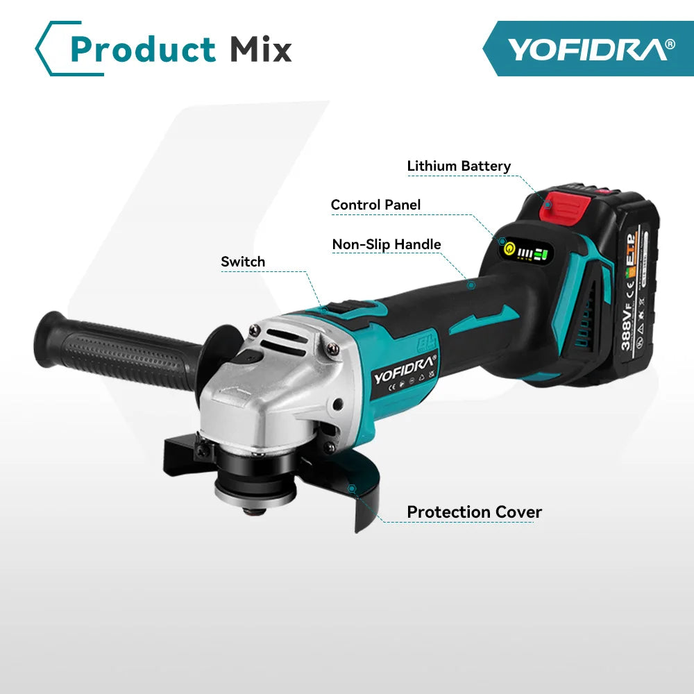 Yofidra 125mm meuleuse d'angle sans brosse 4 vitesses rectifieuse sans fil coupe travail du bois pour Makita 18V-21V batterie broche