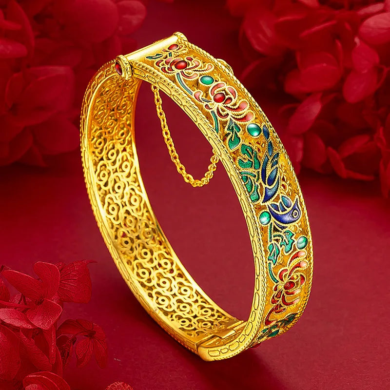 AU999 or méthode ancienne creux 24K bracelet en or véritable femmes léger luxe émail bleu palais style filigrane bracelet