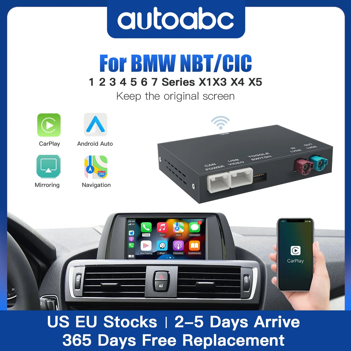 Wireless CarPlay Android Auto For BMW NBT CIC system 1 2 3 4 5 7 Series X1 X3 X4 X5 F20 F21 F23 F30 F31 F34 F35 F32 F10 F11 F48 F25 F26 F15 E60 E84 Prise en charge d'Airplay et du lien miroir, caméra OEM après-vente