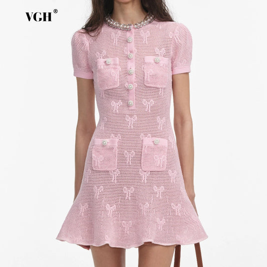 VGH – ensemble deux pièces tricoté pour femmes, col rond, perles épissées, manches courtes, taille haute, Mini robe avec écharpe, tenue unie, nouvelle collection
