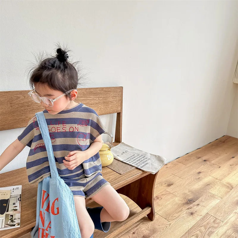 deer jonmi 2024 Summer Korean Style Unisex Kids Striped Outfits Embroidery Loose Tops Shorts 2pcs Toddlers Kids Clothing Sets