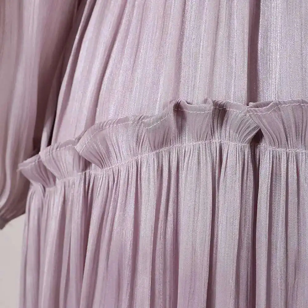 UCXQ Elegant Long Dress French Style Tassels Diamonds Fold Waist Ruffled Edges Evening Dresses Women 2025 Spring Autumn 3WQ8194