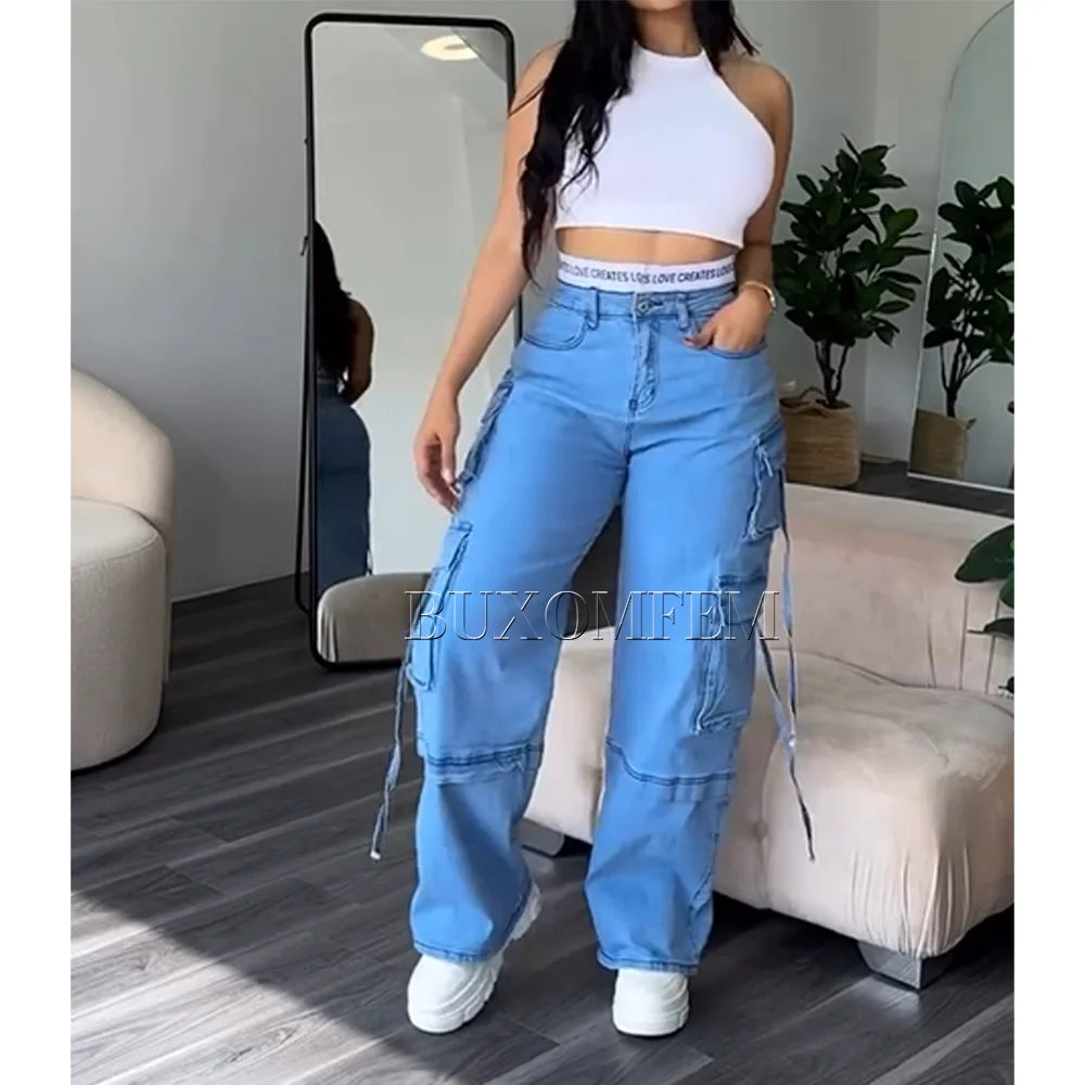 Jean en Denim pour femme, pantalon extensible, ample, Streetwear Y2K, nouveau pantalon Cargo élégant, Cool, bas à la mode pour fille, automne et printemps