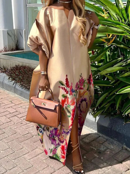 Freeacy Robe longue élégante à imprimé floral pour femme, col bateau, manches bouffantes, ligne H, fendue, longueur au sol, robe de soirée