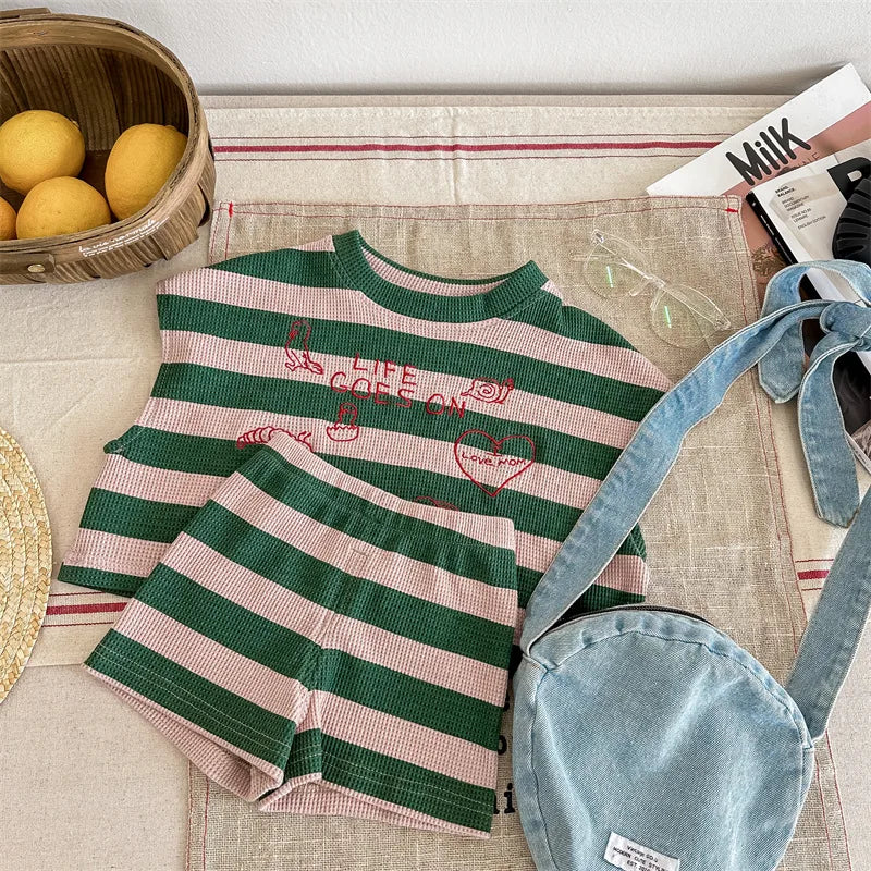 deer jonmi 2024 Summer Korean Style Unisex Kids Striped Outfits Embroidery Loose Tops Shorts 2pcs Toddlers Kids Clothing Sets