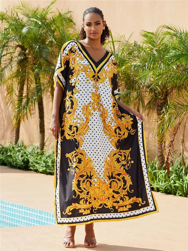 Tenues de plage pour femmes, cache-maillot de bain, robe caftan, tunique longue, Maxi, grande taille, maillot de bain imprimé Polyester