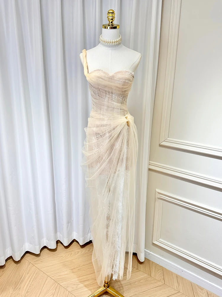 DEAT Women's Single Shoulder Spliced Lace Slit Long Dress 2025 Summer Solid Color Zipper Sleeveless Split Elegant Dresses 15C455
