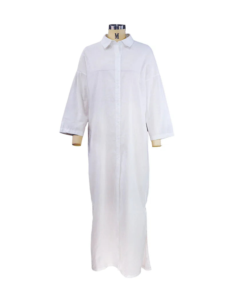 BAMBOOBOY Summer Long Dress Women Three-quarter Sleeve Button Shirts Single Breasted Dresses V-Neck Loose Slit Beach Sundress