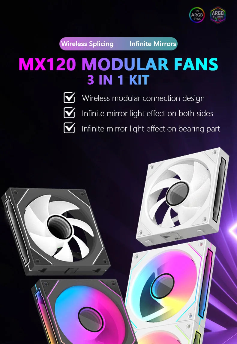 JUMPEAK MX120 360mm Modulaire Sans Fil Épissage PC 120mm Ventilateur De Refroidissement ARGB Effet Miroir Infini Pour Refroidisseur d'Eau d'Ordinateur