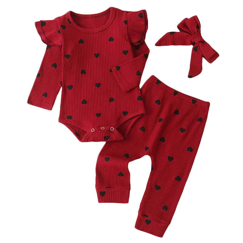 3Pcs Baby Girl Outfit Set Newborn Toddler Kids Clothing Set Baby Girls Lace Ruffles Cotton Bodysuit +Pants+Headband Clothing
