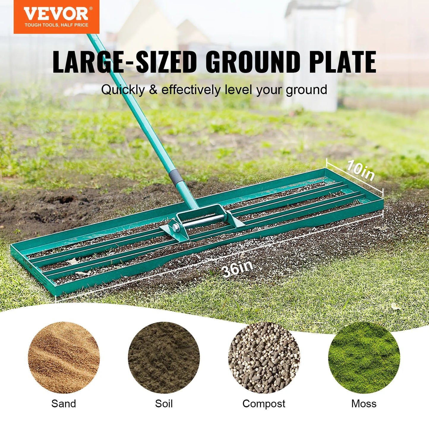 VEVOR Râteau de Nivellement de Pelouse 914x254 mm Raclette à Gazon Manche en Acier 1981 mm Plaque de Base Alliage Aluminium Râteau Niveleur de Pelouse Robuste pour Terrain Cour de Golf Jardin Champs