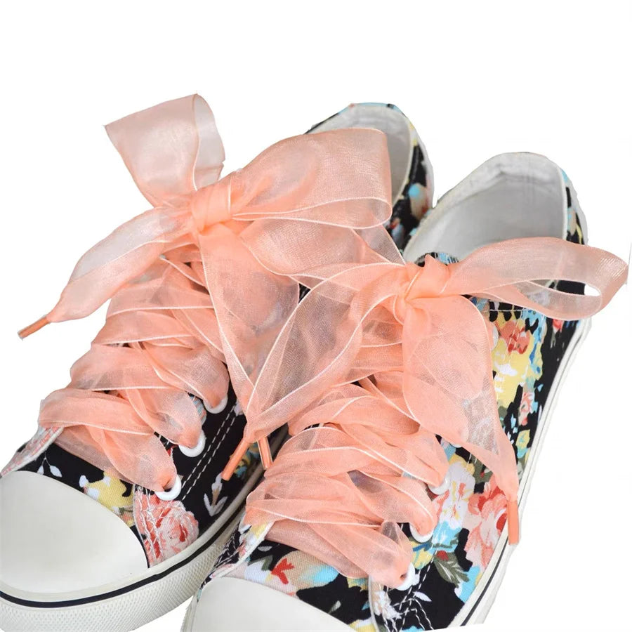 1 paire de cordes de chaussures en Organza de 4cm de large 60-180cm pour femmes, lacets plats en ruban de Satin de soie, baskets en toile, chaussures de Sport