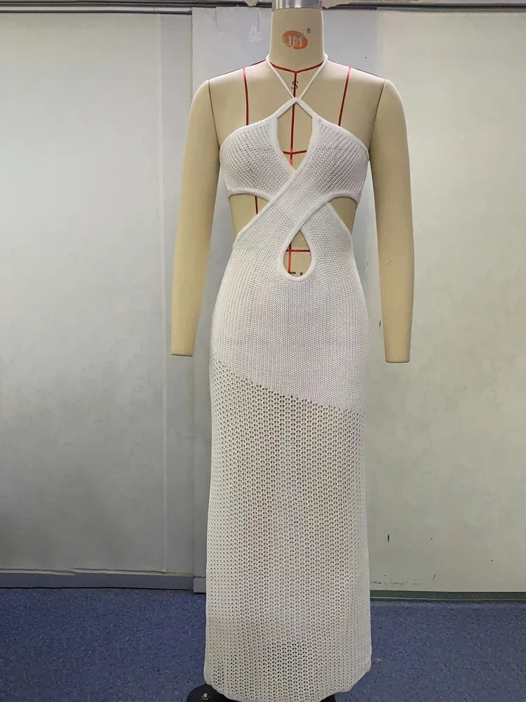Avrilyaan White Knitting Bodycon Backless Sexy Dress Women Hollow Out Elegant Holiday Casual Dresses Summer Long Dress Vestidos