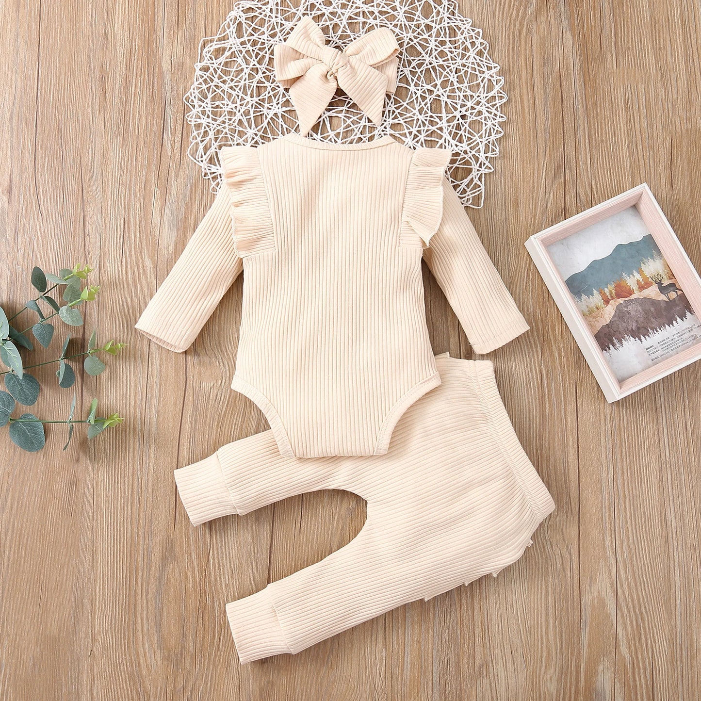 3Pcs Baby Girl Outfit Set Newborn Toddler Kids Clothing Set Baby Girls Lace Ruffles Cotton Bodysuit +Pants+Headband Clothing