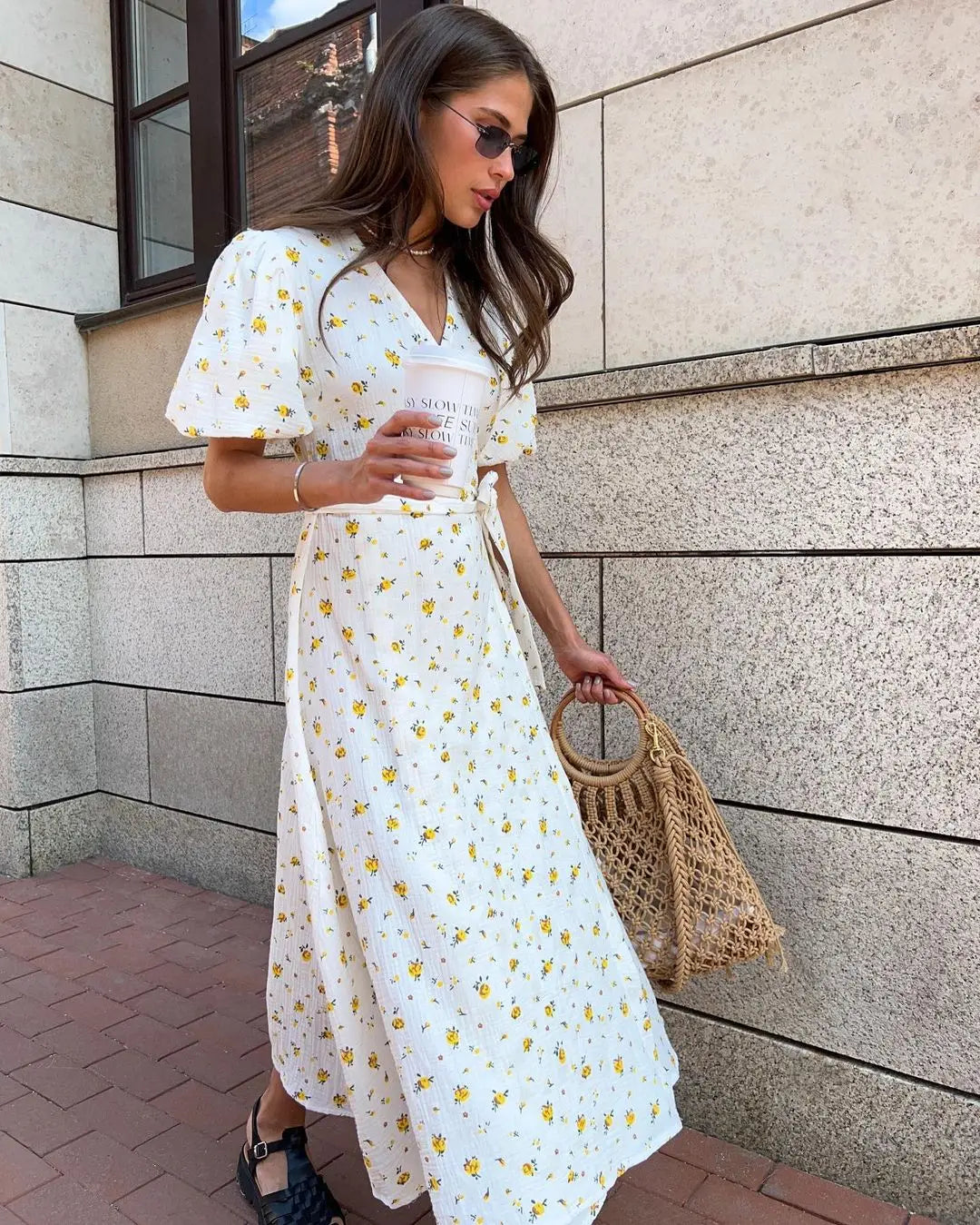 Bornladie Women Psrinted Lace Up Dress Summer Short Sleeve Fashion Office Lady Long Dress 100% Cotton Daily Casual V-neck Skirt